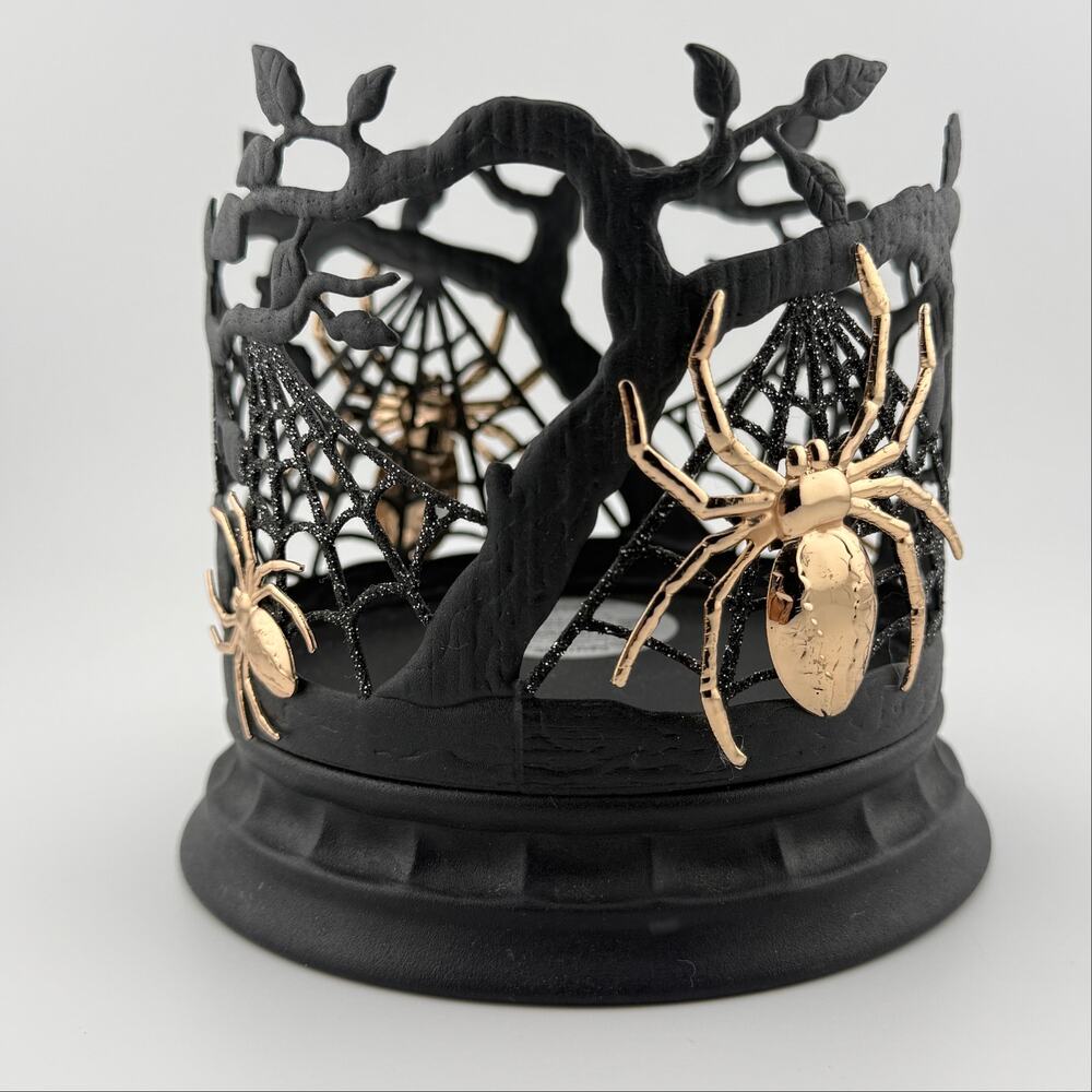 Bath & Body Works Candle Holder Halloween Spiderwebs Black w Gold Spiders 3 Wick